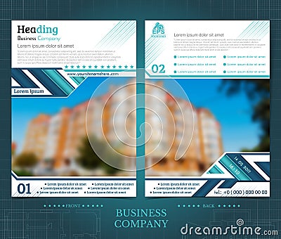 Two sided brochure or flayer template design with one blurred color photo of buildings. Mock-up cover in blue abstarct vector mode Vector Illustration